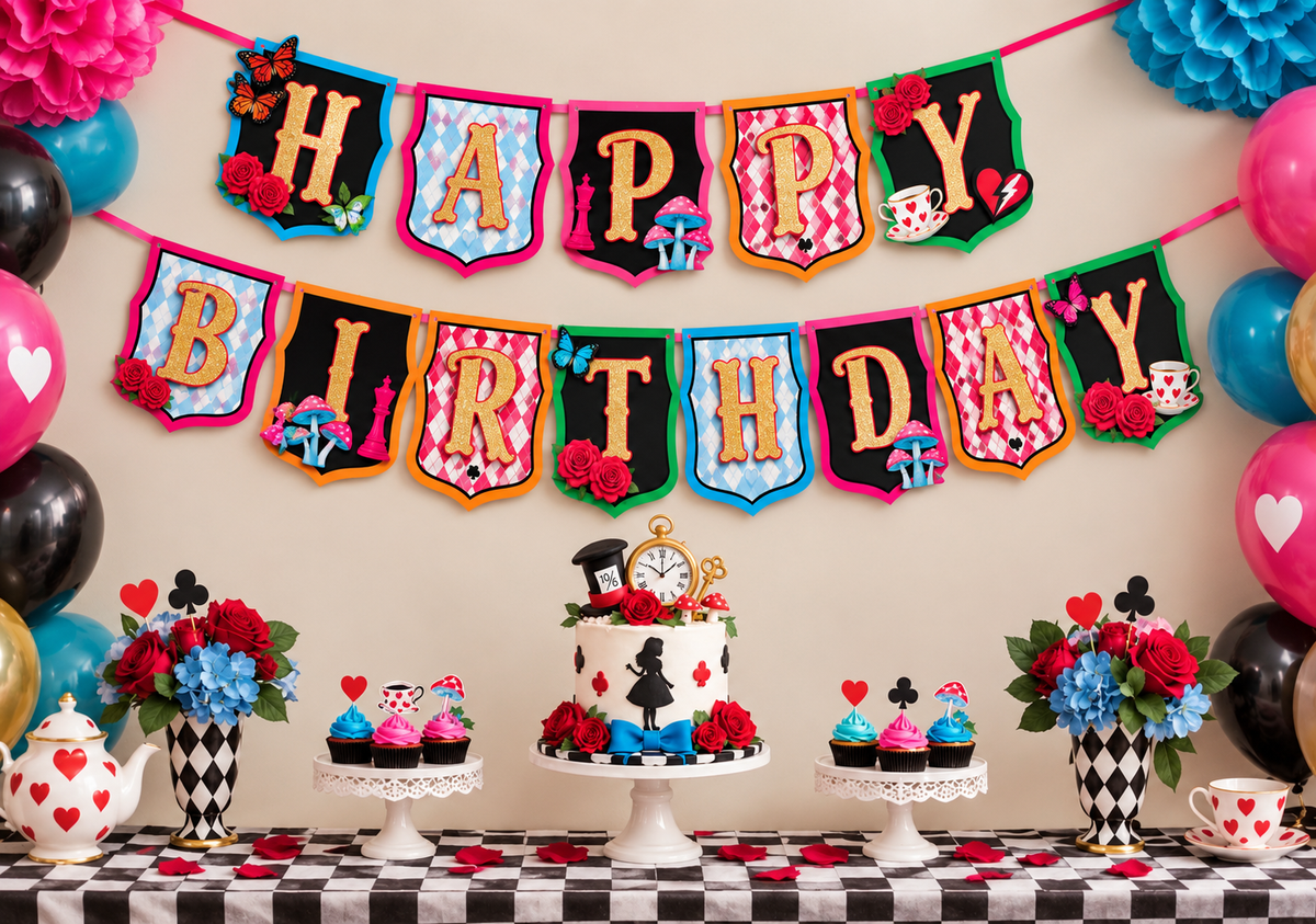 Villains Wonderland Theme Happy Birthday Banner